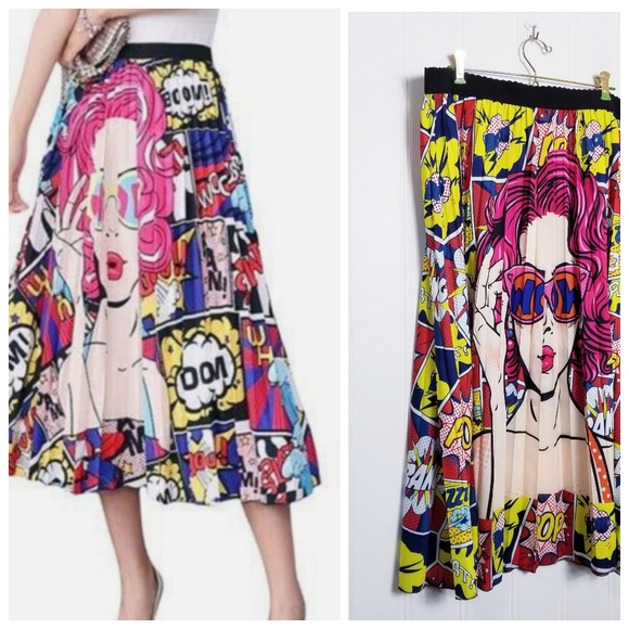 No Brand Dresses & Skirts - Pleated Graphic Print Midi Skirt